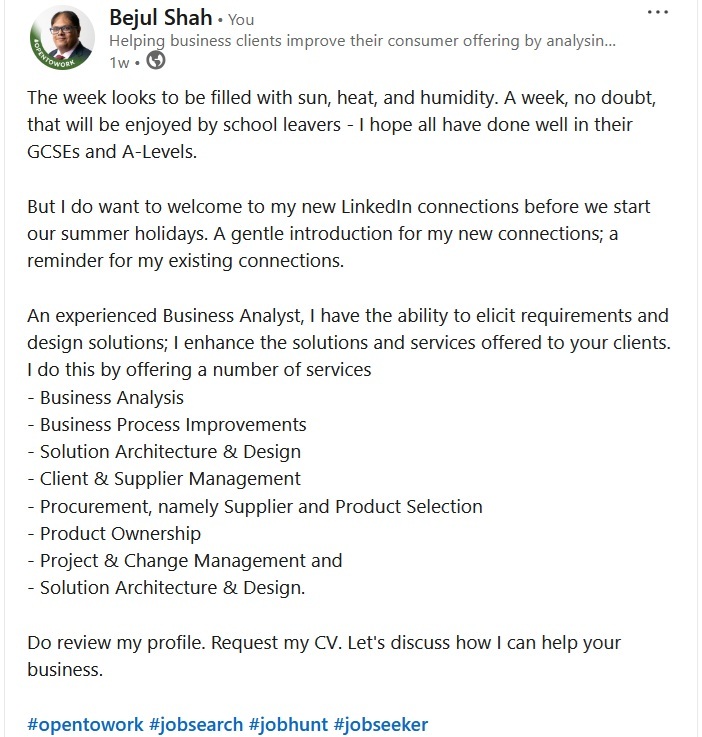 A LinkedIn posting on Bejul Shah's profile.